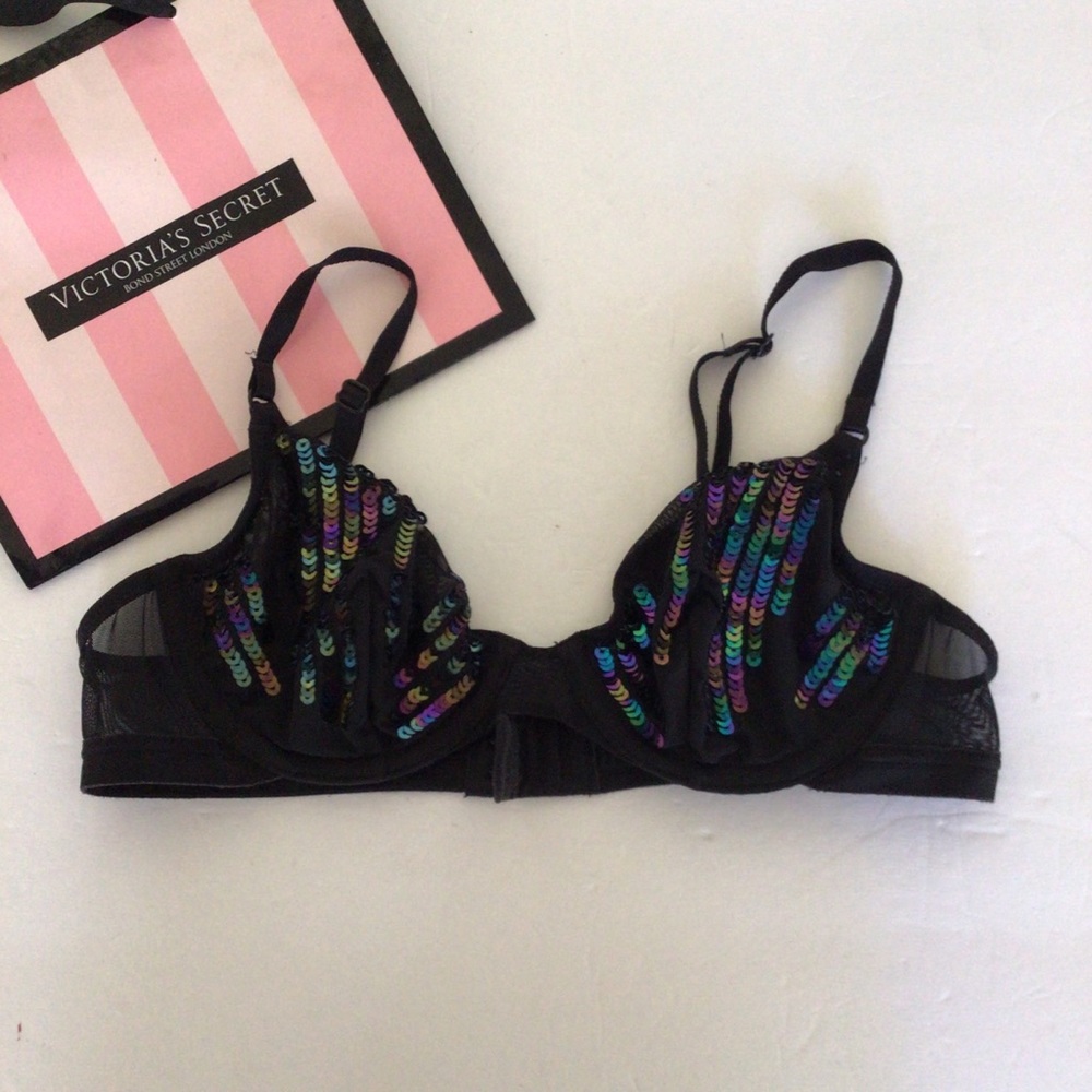 VICTORIAS SECRET BODY BY VICTORIA BLACK SEQUINED DEMI PUSH UP BRA SIZE 34A